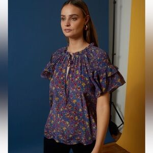 Gilner Farrar Layla Blouse Floral Ruffle Sleeve Sz XS